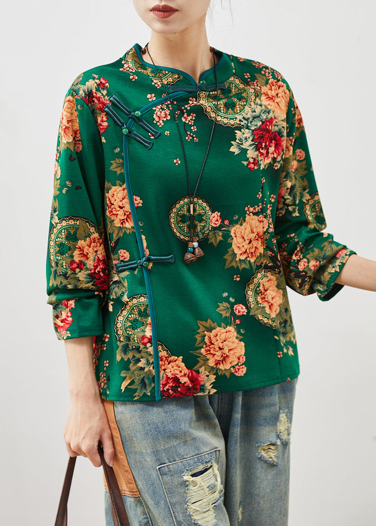 Retro Green Print Chinese Button Cotton Top Fall