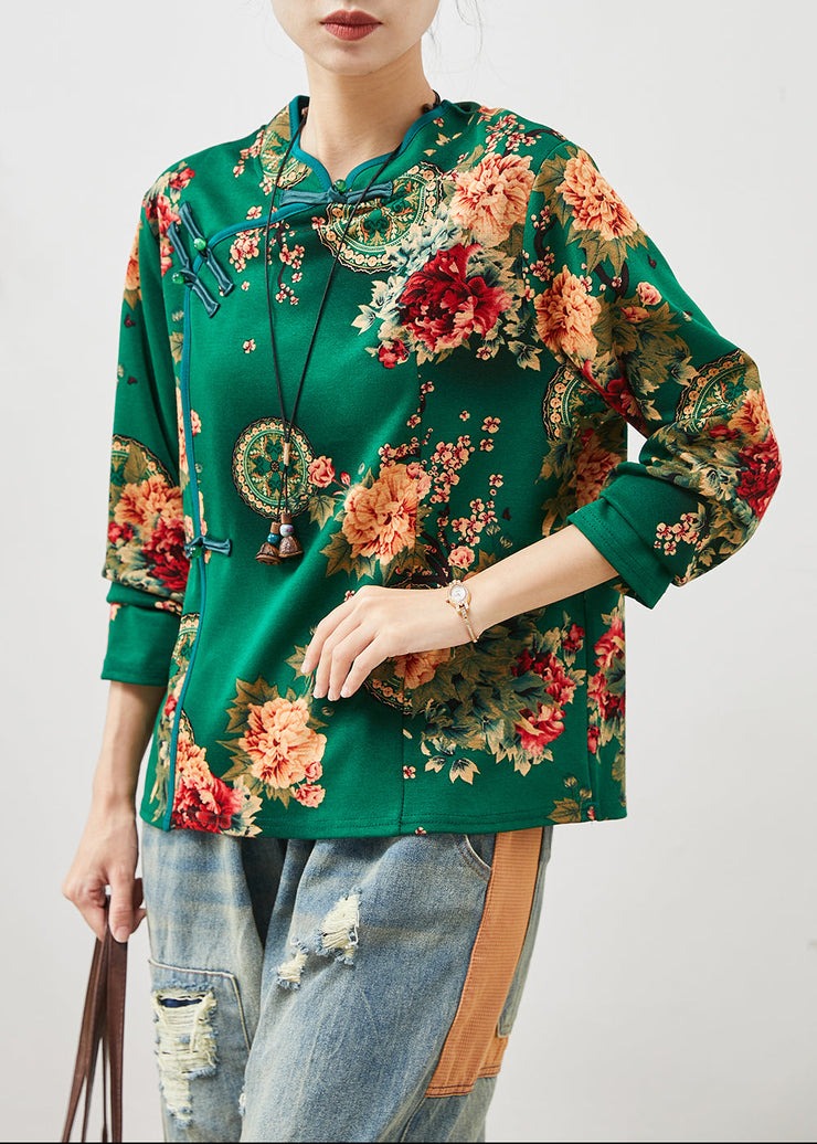 Retro Green Print Chinese Button Cotton Top Fall