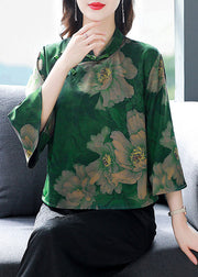 Retro Green Print Chinese Button Silk Blouses Flare Sleeve