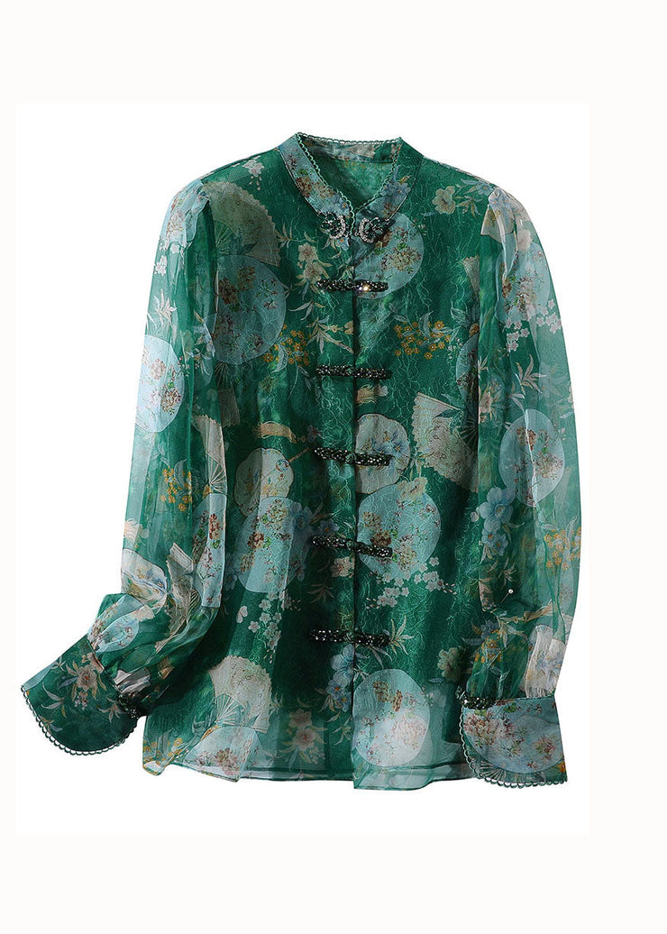 Retro Green Print Patchwork Zircon Chinese Button Silk Blouse Top Spring