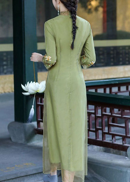 Retro Green Stand Collar Embroideried Patchwork Silk Dresses Spring