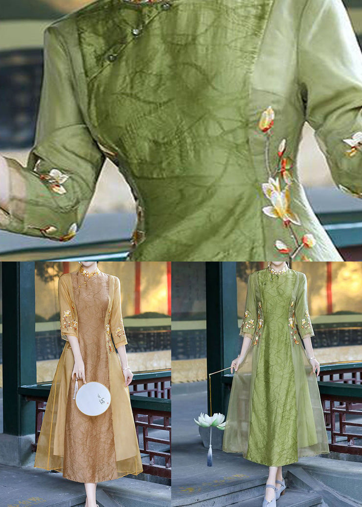 Retro Green Stand Collar Embroideried Patchwork Silk Dresses Spring