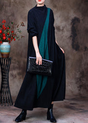 Retro Green Stand Collar Patchwork Silk Ankle Dress Long Sleeve