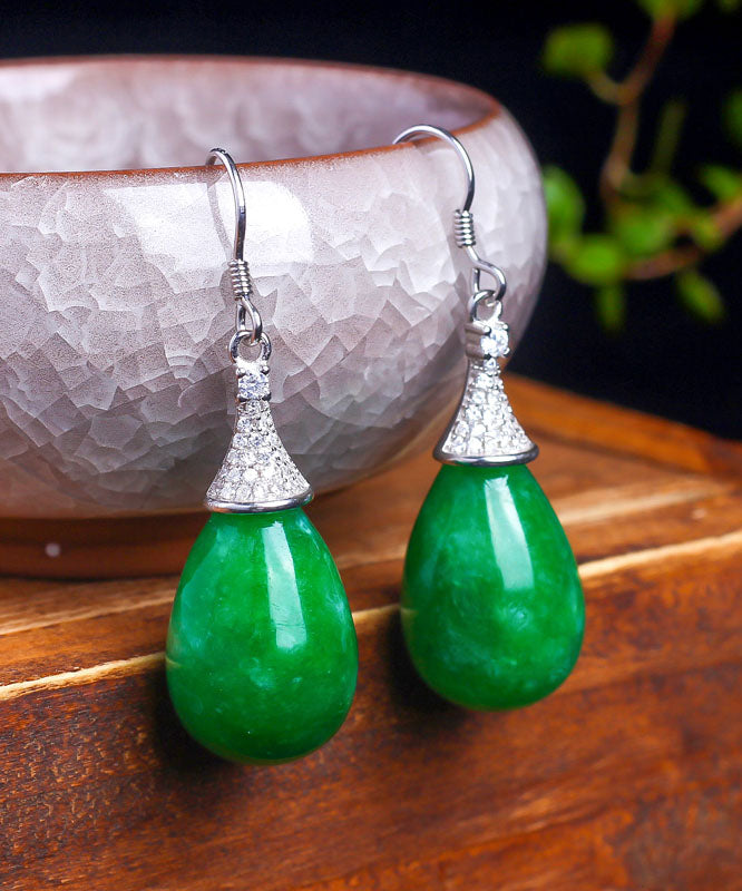 Retro Green Sterling Silver Jade Water Drop Drop Earrings