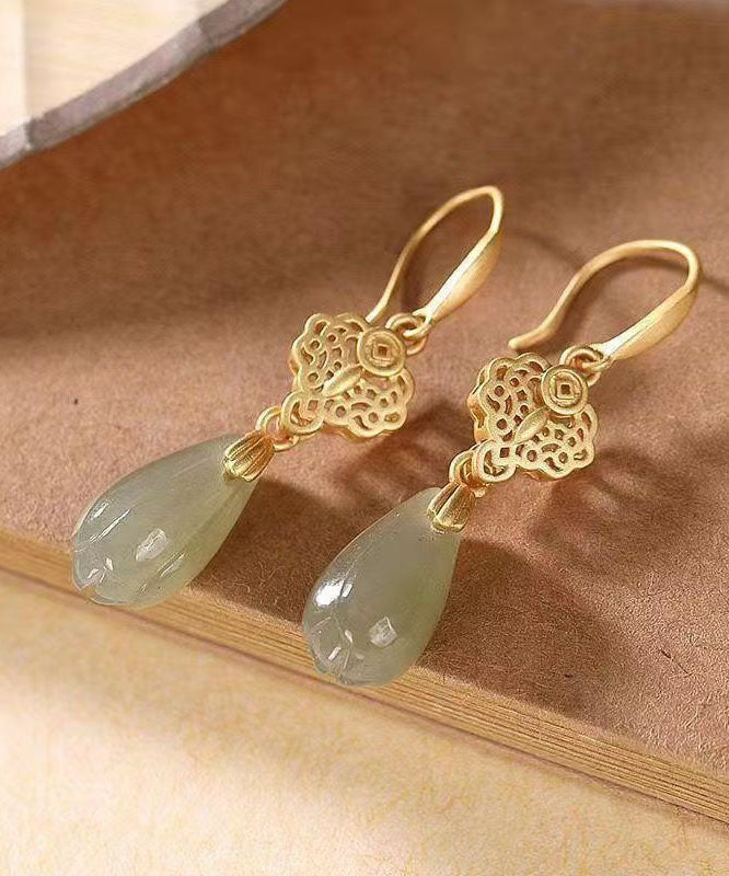 Retro Green Sterling Silver Overgild Jade Orchid Drop Earrings