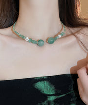 Retro Green Sterling Silver Overgild Jade Zircon Crystal Beading Gratuated Bead Necklace