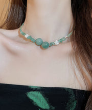 Retro Green Sterling Silver Overgild Jade Zircon Crystal Beading Gratuated Bead Necklace