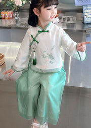 Retro Green Tasseled Chinese Button Patchwork Chiffon Baby Girls Two Pieces Set Long Sleeve