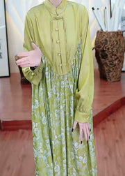 Retro Green Tasseled Wrinkled Print Patchwork Silk Long Dresses Spring