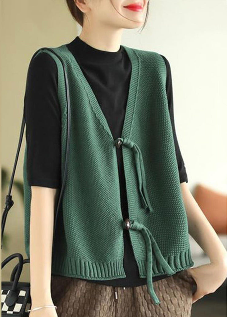 Retro Green V Neck Button Knit Waistcoat Sleeveless