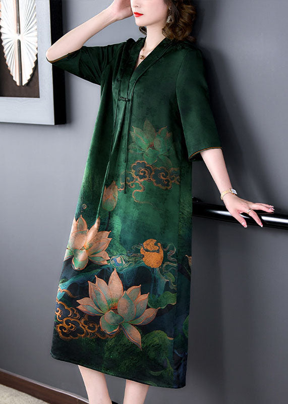 Retro Green V Neck Tasseled Print Patchwork Silk Dress Summer