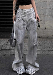 Retro Grey Button High Waist Denim Pants Fall