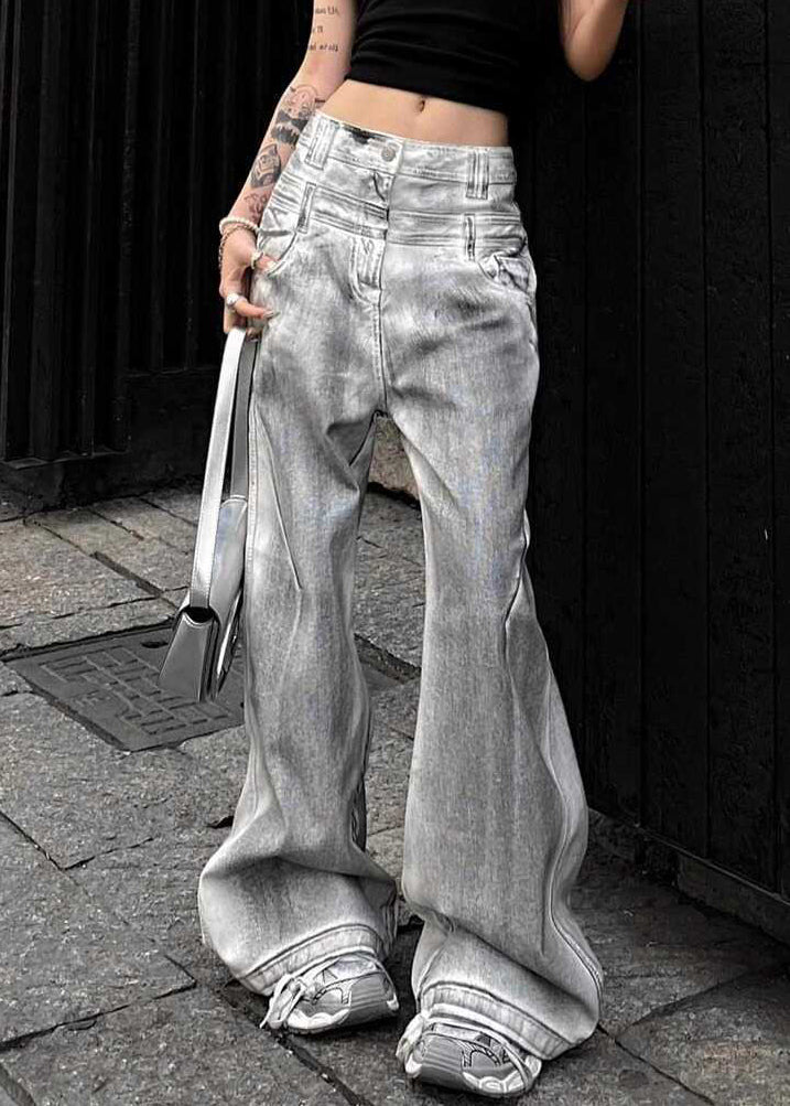 Retro Grey Button High Waist Denim Pants Fall