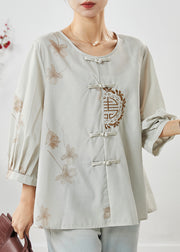 Retro Grey Embroidered Chinese Button Linen Top Summer