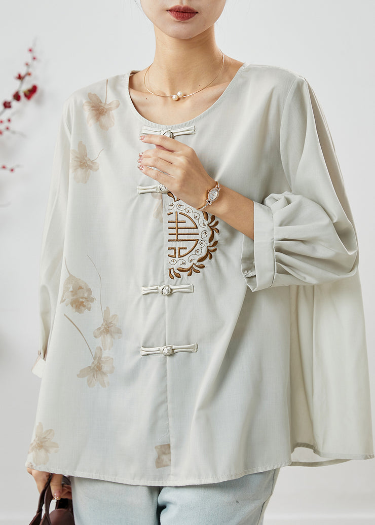 Retro Grey Embroidered Chinese Button Linen Top Summer