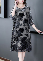 Retro Grey O-Neck Embroideried Hollow Out Party Long Dress Summer