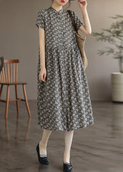 Retro Grey Stand Collar Print Long Dresses Summer