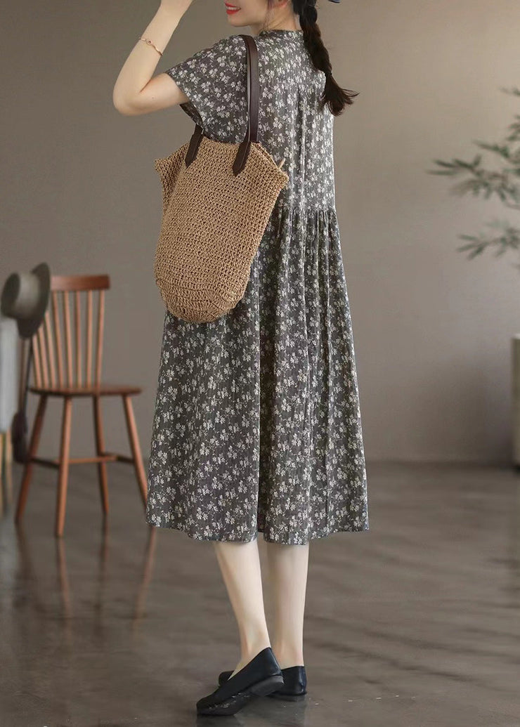 Retro Grey Stand Collar Print Long Dresses Summer