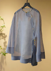 Retro Grey Tasseled Button Patchwork Tulle Shirts Summer