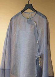 Retro Grey Tasseled Button Patchwork Tulle Shirts Summer