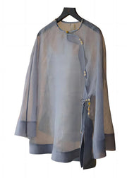 Retro Grey Tasseled Button Patchwork Tulle Shirts Summer