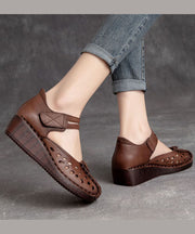 Retro Hollow Out Splicing Wedge Sandals Brown Cowhide Leather