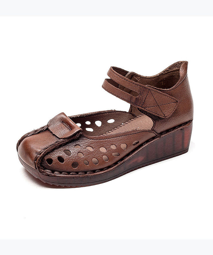 Retro Hollow Out Splicing Wedge Sandals Brown Cowhide Leather