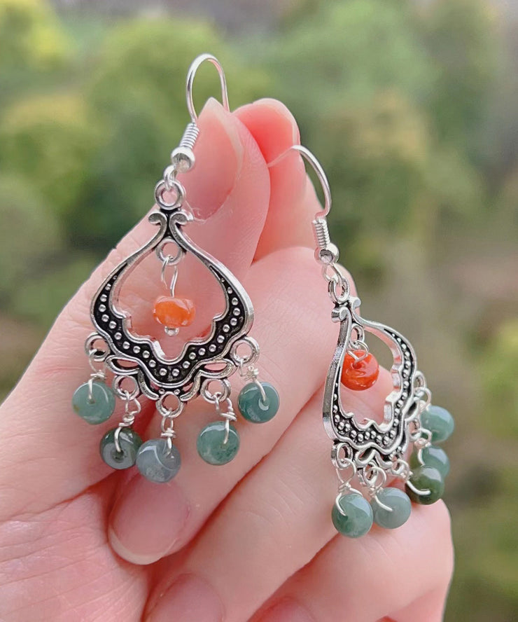 Retro Jade Tassel Hollow Out Silver Drop Earrings