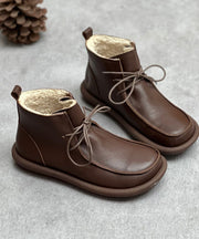 Retro Lace Up Boots Chocolate Fuzzy Wool Lined Cowhide Leather