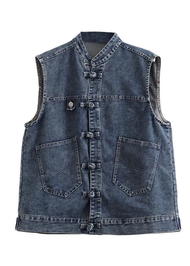 Retro Light Blue O-Neck Patchwork Button Pockets Cotton Denim Waistcoat Sleeveless