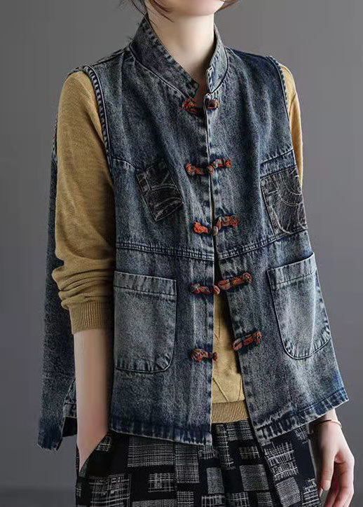 Retro Light Blue Patchwork Chinese Button Denim Vest Sleeveless