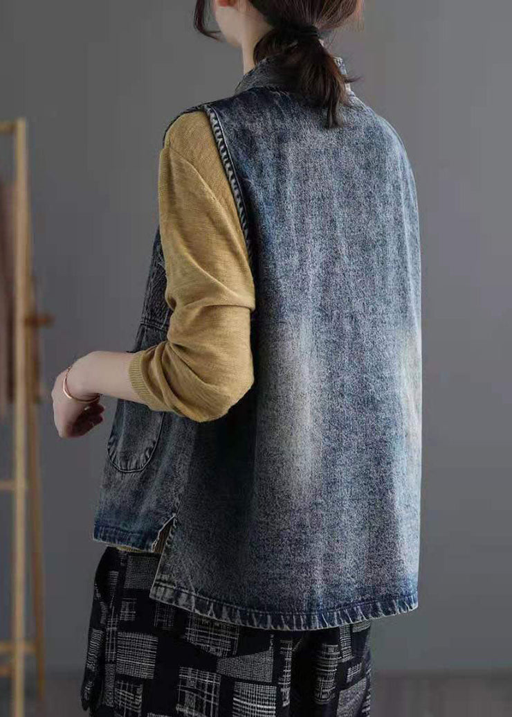 Retro Light Blue Patchwork Chinese Button Denim Vest Sleeveless