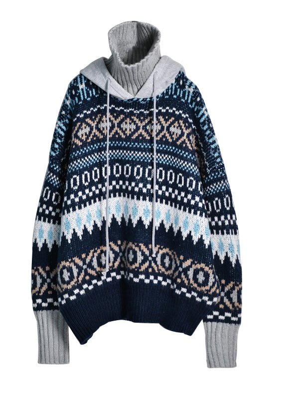 Retro Light Blue Turtleneck Drawstring Print Fake Two Pieces Cotton Knit Sweater Winter