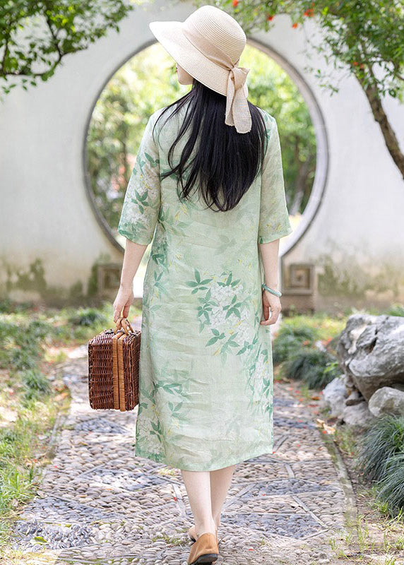 Retro Light Green Stand Collar Print Linen Dress Half Sleeve