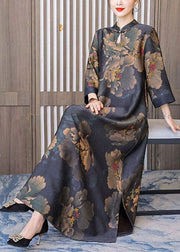 Retro Mandarin Collar Print Silk Long Dresses Caftan Spring