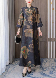 Retro Mandarin Collar Print Silk Long Dresses Caftan Spring