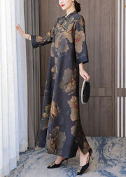 Retro Mandarin Collar Print Silk Long Dresses Caftan Spring