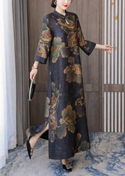 Retro Mandarin Collar Print Silk Long Dresses Caftan Spring