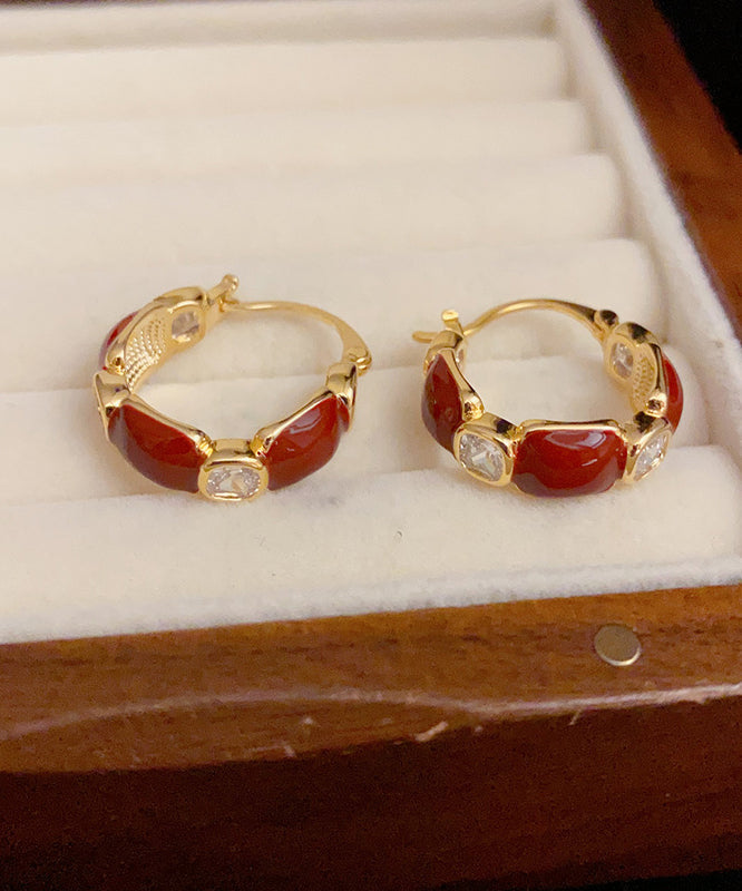 Retro Mulberry Copper Gem Stone Zircon Hoop Earrings