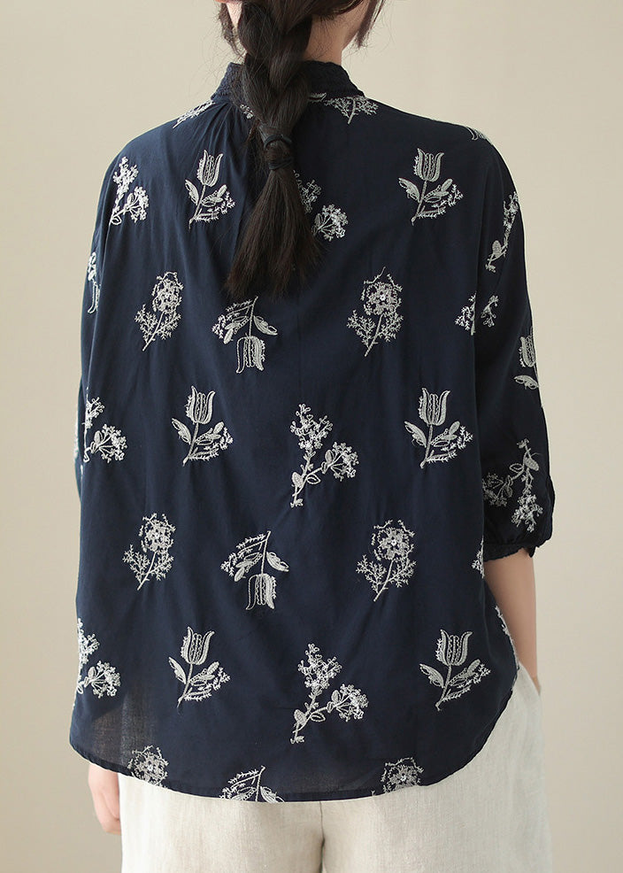 Retro Navy Blue Peter Pan Collar Print Hollow Out Button Cotton Shirt Half Sleeve