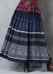 Retro Navy Embroidered Wrinkled Exra Large Hem Skirt Spring
