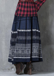 Retro Navy Embroidered Wrinkled Exra Large Hem Skirt Spring