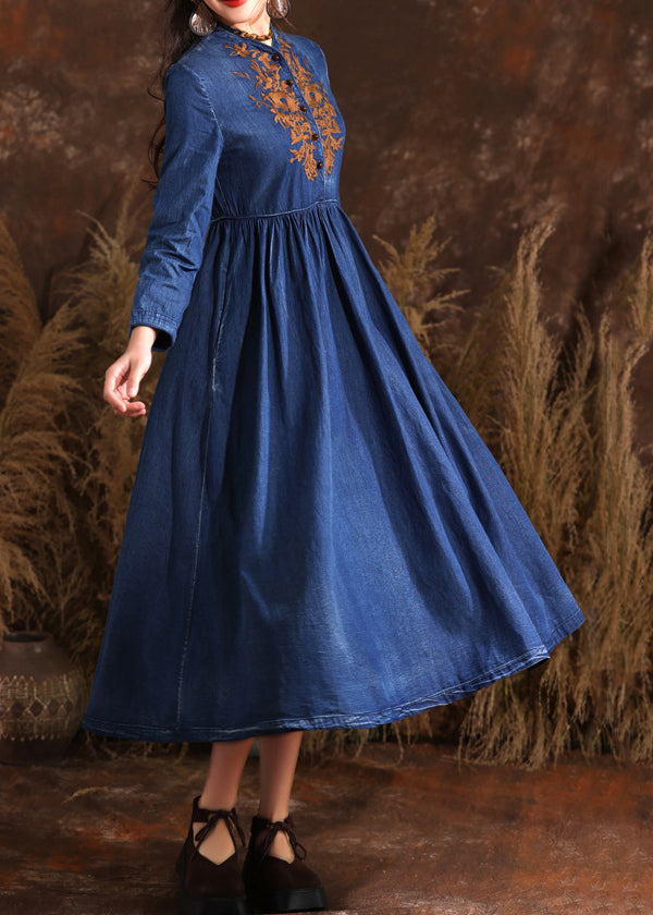 Retro Navy Stand Collar Wrinkled Patchwork Denim Long Dress Long Sleeve