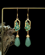 Retro Nude Copper Overgild Cat's Eye Stone Jade Enamel Water Drop Drop Earrings