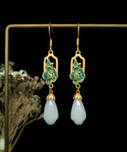 Retro Nude Copper Overgild Cat's Eye Stone Jade Enamel Water Drop Drop Earrings