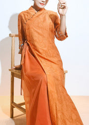 Retro Orange Embroideried Lace Up Patchwork Silk Dresses Summer