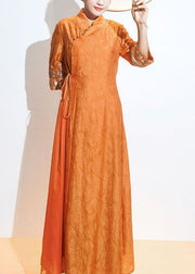 Retro Orange Embroideried Lace Up Patchwork Silk Dresses Summer