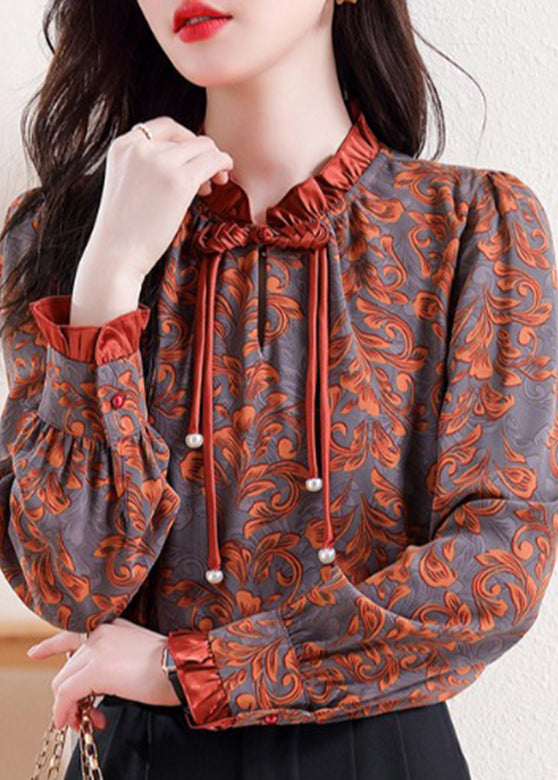 Retro Orange Ruffled Print Tops Long Sleeve