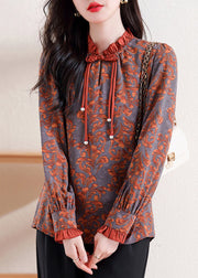 Retro Orange Ruffled Print Tops Long Sleeve