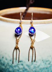 Retro Peacock Blue Water Droplet Gem Stone Tassels Drop Earrings